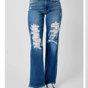 Judy Blue Distressed DAD Flare Jeans in Blue